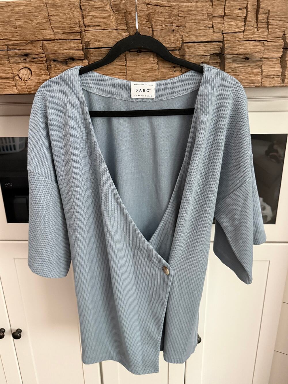 SABO Light Blue Ribbed Knit Wrap Top Button Front Size XS Boho Chic